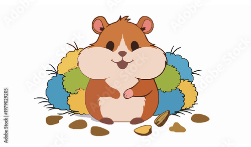 Happy cartoon hamster vector illustration cozy bedding sunflower seeds