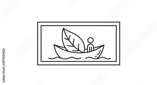 Minimalist boat with leaf sail and person silhouette on water, concept of eco-travel and adventure