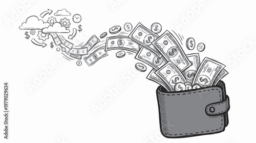 Hand drawn pencil sketch illustration of money flowing into a wallet, symbolizing financial gain and cash flow