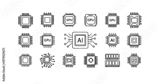 Foto A collection of black and white vector graphics depicting various computer chip and microprocessor designs, including GPU and AI icons