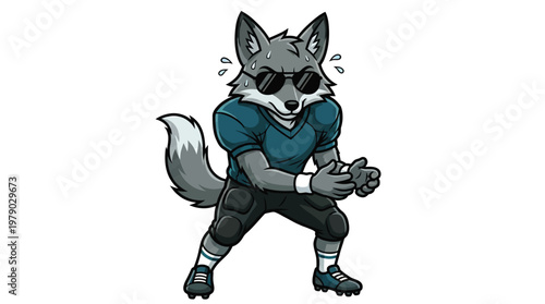 Cool Athletic Gray Wolf Mascot Wearing American Football Uniform and Sunglasses in Ready Stance