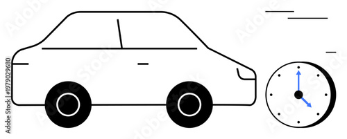 Transportation, delivery, time management, logistics, efficiency, punctuality. Minimalist car with a clock indicating motion and time. s logistics and time management concepts