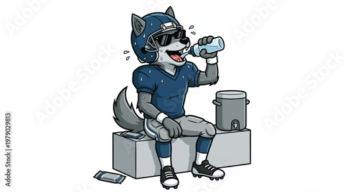 Mascot Character of Wolf American Football Player Sitting on Bench Drinking Water and Taking a Break