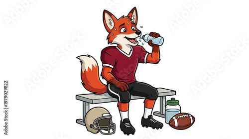 Athletic Cartoon Fox Football Player Mascot Drinking Water on Bench Illustration