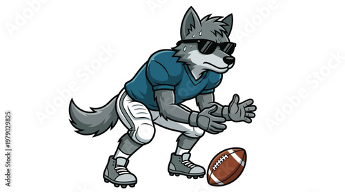 Cool Wolf Mascot Character Wearing American Football Uniform in Action Pose Isolated on White