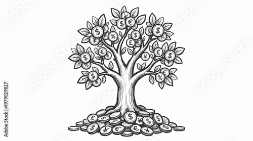 A hand-drawn pencil sketch of a money tree overflowing with coins, symbolizing financial growth and abundance