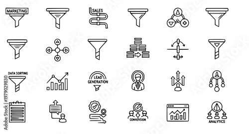 A collection of black and white line art icons representing various marketing and sales concepts