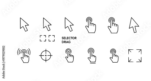 A set of minimalist icons illustrating various computer mouse and touch gestures in a simple line art style