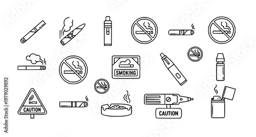 A set of black and white vector icons depicting various smoking related objects and symbols