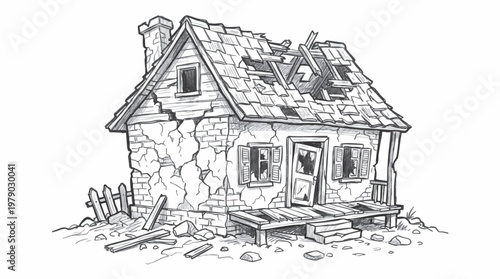 A charming hand drawn pencil sketch of a dilapidated, abandoned house with a broken roof and boarded windows
