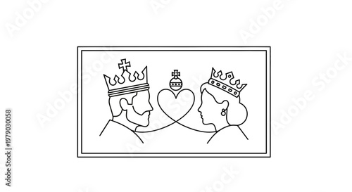 King and Queen Silhouette Profile with Heart and Crowns, Royal Love Symbol