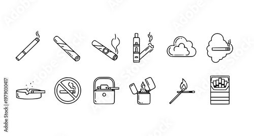 A set of minimalist icons depicting various smoking related objects and symbols in a simple line art style