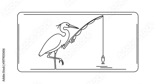 Heron Fishing with Rod and Reel, Catching a Fish - Line Art Illustration