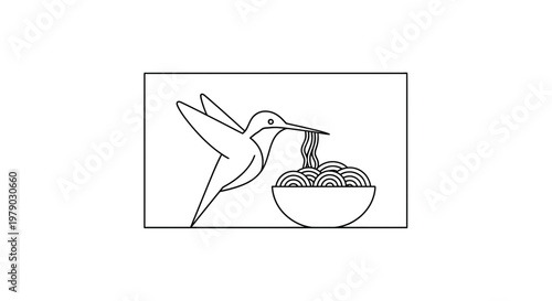 Hummingbird Eating Noodles From Bowl Line Art Illustration