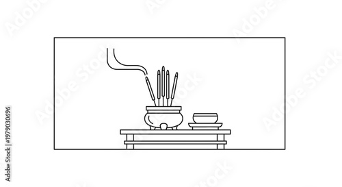 Incense sticks burning in a pot, smoke rising, on a wooden table, line art