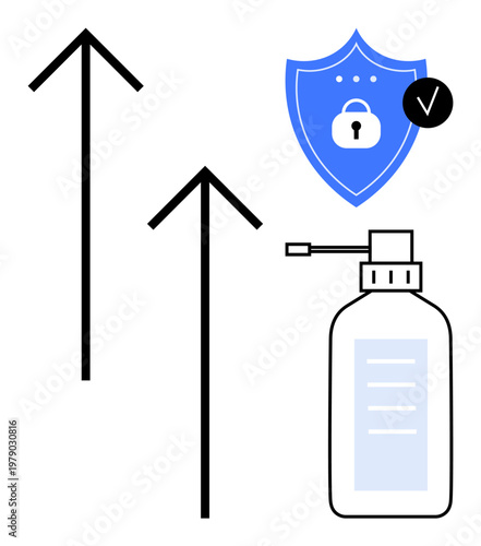 Hygiene concept. Hygiene with upward growth by arrows, a sanitizer bottle, and a security shield for protection. Hygiene is key in healthcare, safety promotion, product branding, public health