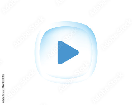 Blue play button icon on rounded square shape with gradient blue and white and shadow, audio control symbol