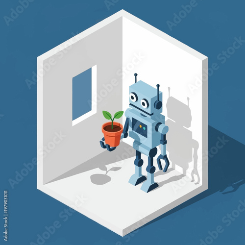 Robot holding a potted plant inside a house.