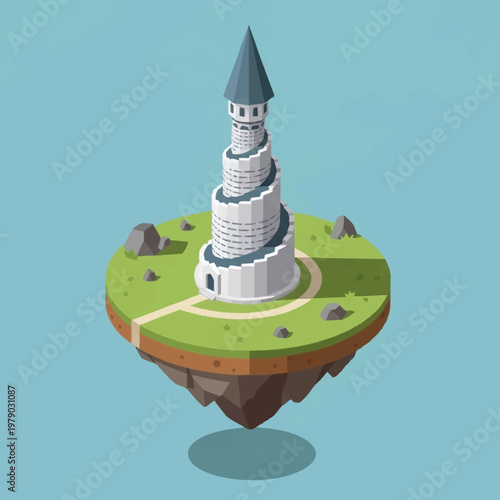 Isometric fantasy castle on floating island.