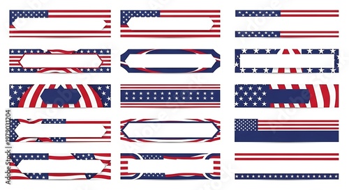 A collection of fifteen unique rectangular banner designs featuring american flag themed motifs
