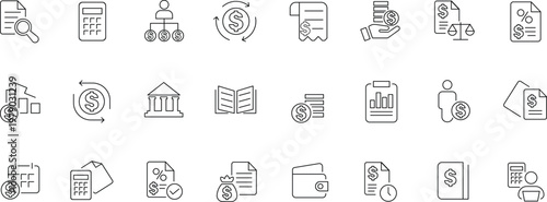 Finance and Accounting Icon Set – Money, Budget, Invoice and Banking Line Icons Collection