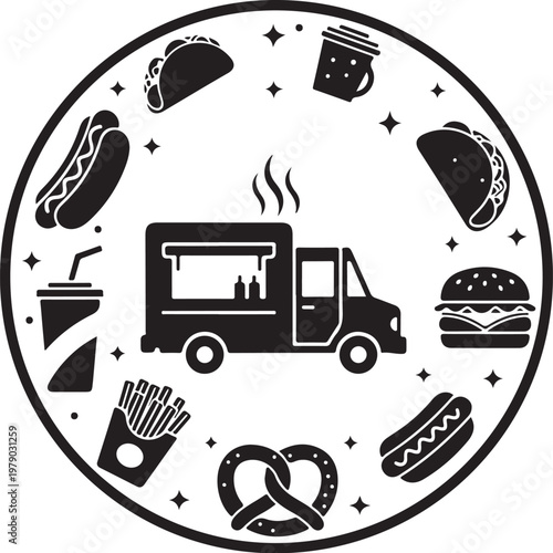 Food truck, fast food icons, black vector graphics, restaurant symbols, edible illustrations