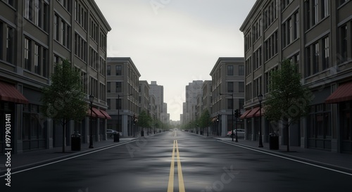 Empty Wet City Street After Rain with Modern Buildings and Trees, Cinematic Urban Landscape under Overcast Sky.