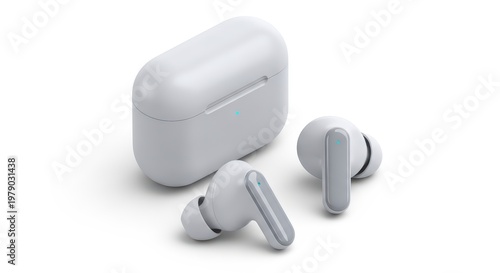 White Wireless Earbuds and Closed Charging Case on White Background, Modern Portable Bluetooth Headphones.