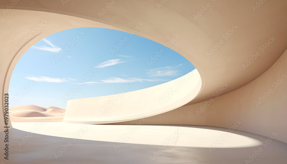 Fototapeta premium A minimalist architectural space frames a serene desert landscape under a bright blue sky.