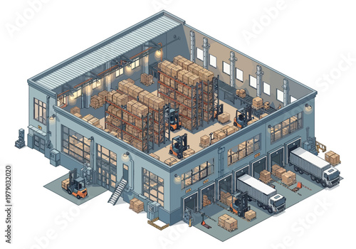 Isometric warehouse interior with forklifts, trucks, and stacked goods in storage