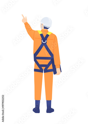 タブレットを持って指差し確認をするフルハーネス姿の男性作業員 後ろ姿のベクターイラスト素材