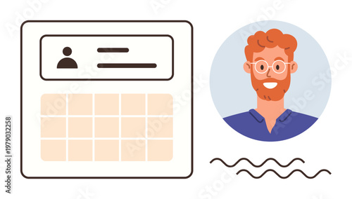 Online identity, scheduling, user interface, personal data management, digital profile, organization. Visual of profile icon, calendar and avatar. Online identity and scheduling concept