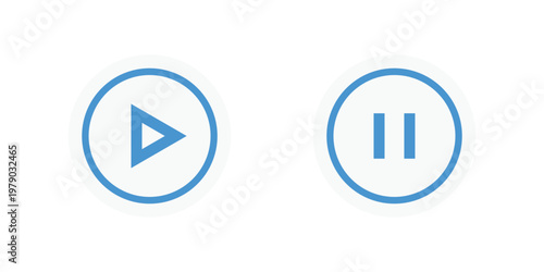 Play and pause icons in blue and white on round shapes, media player controls, navigation buttons