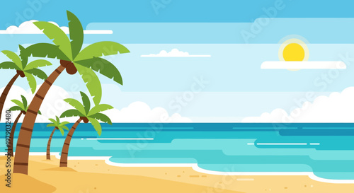 A cluster of stylized tropical palm trees on a sunny beach.
