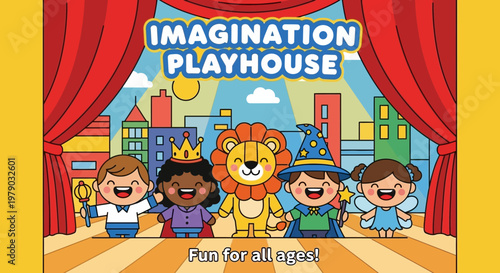 Happy group of diverse children in colorful costumes standing on stage.