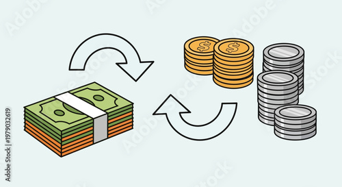 Illustration showing money exchange between paper banknotes and metal coins.