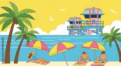 People relaxing on the beach under colorful umbrellas.