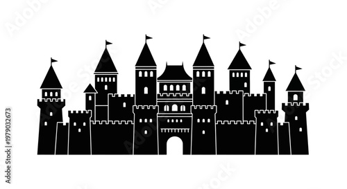 Silhouette of a grand medieval castle with towers and battlements.