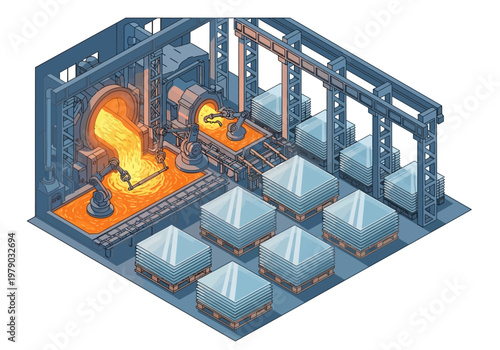 Industrial factory with molten metal being poured into molds by robotic arms