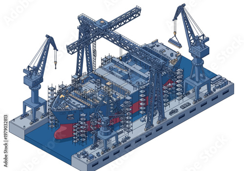 Massive shipbuilding project in dry dock with cranes working on a large cargo ship construction