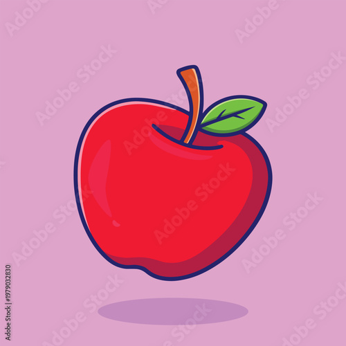 Glossy red apple with green leaf