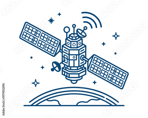 Satellite orbiting earth, technology communication device, space exploration, science vector icon