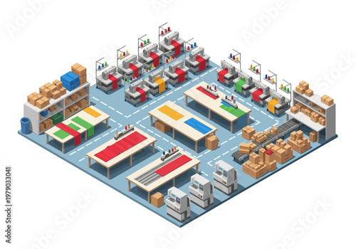 Textile factory with sewing machines, fabric rolls, and shipping boxes, isometric view
