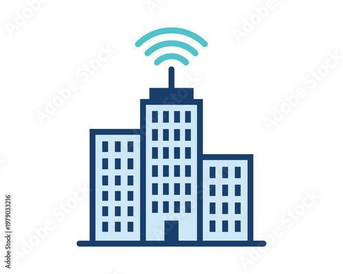 Smart city buildings illustration with wireless signal radiating from skyscraper rooftops
