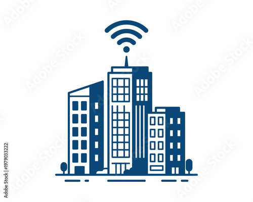 Smart city buildings illustration with wireless signal radiating from skyscraper rooftops