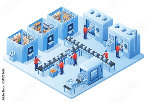 Automated Production Line in a Futuristic Factory with Robotic Arms and Conveyor Belts