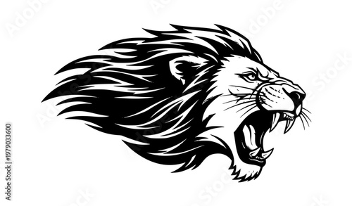 Roaring lion side profile vector in black and white with dynamic mane for sports mascot branding design