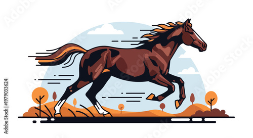Illustration of a brown horse running in a natural landscape with orange foliage and blue sky.
