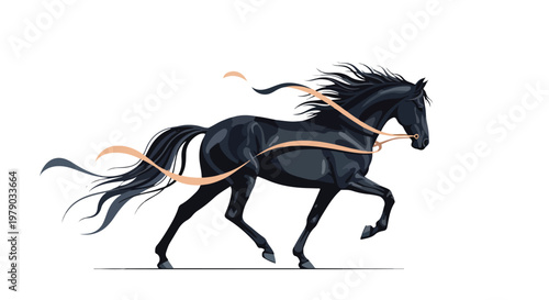 A black horse runs with flowing mane and tail, adorned with orange ribbons, against a white background in a dynamic illustration.