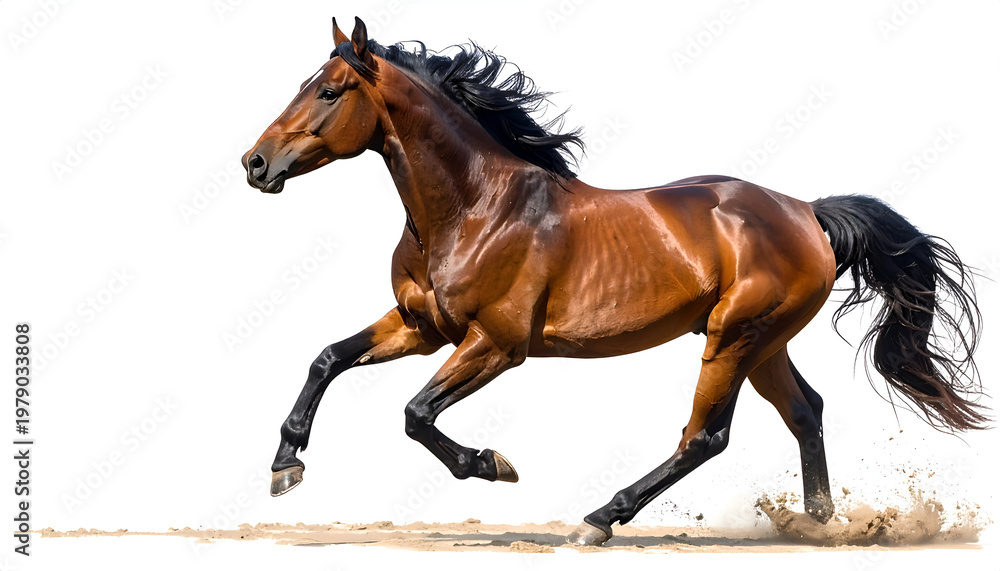 Obraz premium A powerful brown horse gallops across a sandy surface, kicking up dust and showcasing its muscular build and dynamic movement against a clean white background.